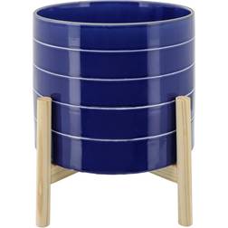 Sagebrook Striped Planter with Wood Stand 10inch ∅25.4cm