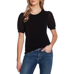 CeCe Puff Sleeve Mixed Media Top - Rich Black