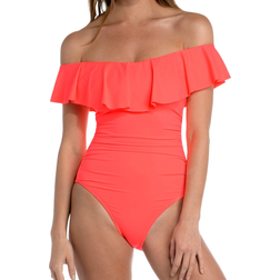 La Blanca Island Goddess Off Shoulder Ruffle One Piece - Hot Coral