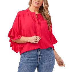 Vince Camuto Ruffle Sleeve Henley Blouse Plus Size - Geranmium