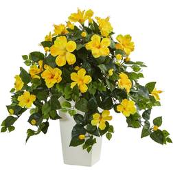 Nearly Natural Hibiscus Artificial Plant in White Tower Planter Artificial Plant