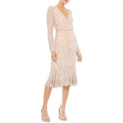 Mac Duggal Long Sleeve Sequin Sheath Dress - Nude Silver