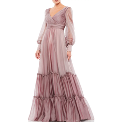 Mac Duggal Long Sleeve Satin & Chiffon Tiered Gown - Mocha