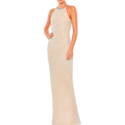 Mac Duggal Bugle Bead Halter Body-Con Gown - Nude Silver