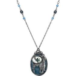 1928 Jewelry Pewter Cat with Fishbowl Beaded Pendant Necklace - Silver/Blue