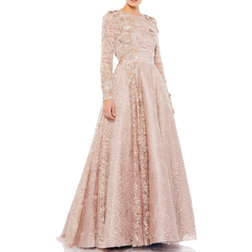 Mac Duggal Long Sleeve A-Line Floral Applique Gown - Mocha