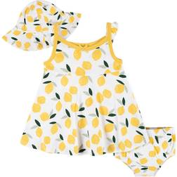 Gerber 3-Piece Baby & Toddler Girls Lemon Squeeze Dress Diaper Cover & Sun Hat Set - Lemon Squeeze