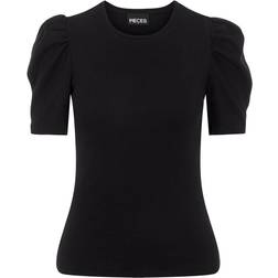 Pieces Anna Puff Sleeved Rib Top - Black