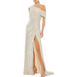 Mac Duggal Metallic One-Shoulder Sheath Evening Gown - Nude