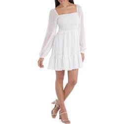 1.State Smock Bodice Ruffle Hem Long Sleeve Minidress - Soft Ecru