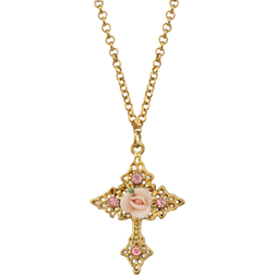 1928 Jewelry Rose Cross Filigree Necklace - Gold/Pink/Green