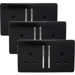 Trendi Switch 2 Gang 13Amp Long Rocker Double Socket Black 3 Pack
