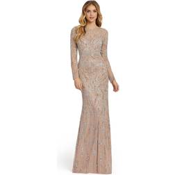 Mac Duggal Beaded Long Sleeve Evening Gown - Mocha