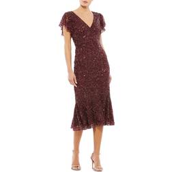 Mac Duggal Sequined Flutter Sleeve Midi Dress - Garnet