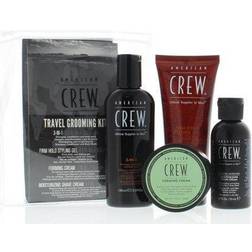 American Crew Travel Grooming 4PC Kit (3-IN-1 3.3oz, Firm Hold Styling Gel 3.3oz, Forming Cream 1.75oz, Moisturizing Shave Cream 1.7oz)