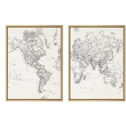 Kate & Laurel Sylvie Black/White Modern Retro World Map 2pcs Framed Art 45.7x61cm 2pcs