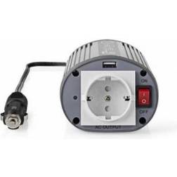 Nedis Power Inverter Modificeret sinus Indgangsspænding: 12 VDC Enhedens strømudgangsforbindelse: 1 230 V ~ 50 Hz 150 W Peak-effekt: 300 W Sokkel type: F (CEE 7/3) USB Stik til cigarettænder Modifieret Sinuskurve Sikring Sølv