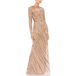 Mac Duggal Long Sleeve Beaded Column Gown - Mocha