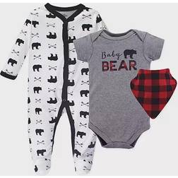 Little Treasure Baby Bear Footie Bodysuit, & Bib Set 3-pack - Grey