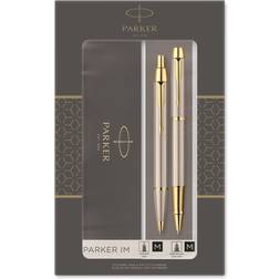 Parker IM Brushed Metal Gold Trim, duoset innehållande rollerballpenna kulspetspenna, svart bläck