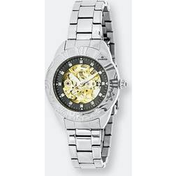 Pearl Empress Godiva Automatic Mother-of-Pearl Watch: Silver Case Black and Silver Band