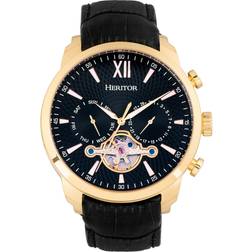Heritor Automatic Arthur Semi-Skeleton Leather-Band W/ Day/Date Gold/Black