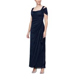 Alex Evenings Cold-Shoulder Draped Metallic Gown - Navy Blue