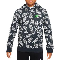 Nike Boy's Sportswear Allover Print Futura Pullover Hoodie - Dark Smoke Grey/Green Strike (DJ5508-070)