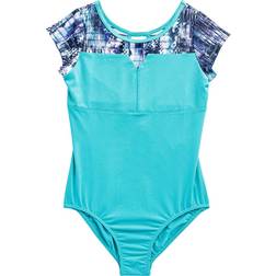 Rainbeau Moves Girl's Seismic Waves Stripe Short Sleeve Mesh Leotard - Aqua/Turquoise (RB6835G)