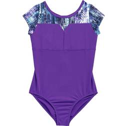 Rainbeau Moves Girl's Seismic Waves Stripe Short Sleeve Mesh Leotard - Purple (RB6835G)