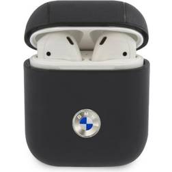 BMW Airpods 1/2 Case Leather Navy Metal Logo Silver