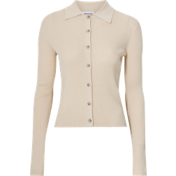 Selected Femme Sandfarvet strikket polo-cardigan med knapper-Hvid Cremefarvet