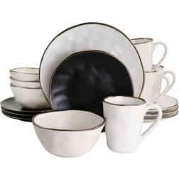 Elama Roman 16Pc Stoneware Dinnerware Set, Assorted Matte w/ Gold Rim Dinner Set