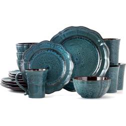 Elama 16-Piece Modern Blue Stoneware Dinnerware Set (Service for 4) Blue/ Black Dinner Set