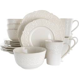 Elama EL-LUNA16 16 Piece Luna Embossed Scalloped Stoneware Dinnerware Set, White Dinner Set 16pcs