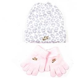 Nike Leopard Print Kids Beanie Hat & Glove Set - Grey