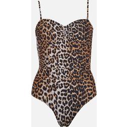 Ganni Animal Print Ruched One Piece Swimsuit Leopard