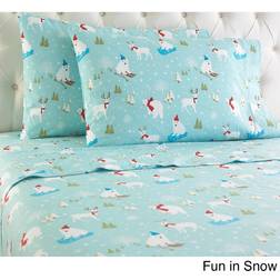 Micro Flannel Printed Fun in the Snow Bed Sheet Blue (254x218.44cm)