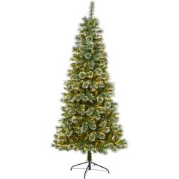 Nearly Natural Wisconsin Slim Snow Tip Pine Artificial with Lights, 84" Christmas Tree