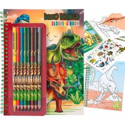 Depesche 11385 Dino World Book with Small Pen Set of 8 Pencils, a Sticker Sheet and Many T-Rex, Dinosaurs and Jungle Motifs for Colouring and Sticking, Multicoloured