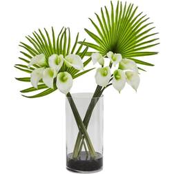 Nearly Natural Calla Lily and Fan Palm Artificial Arrangement in Cylinder Glass Artificial Plant