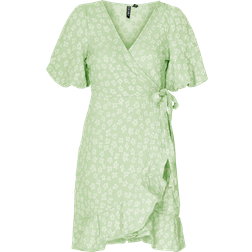 Pieces Premium Embroidered Wrap Puff Sleeve Mini Dress - Green