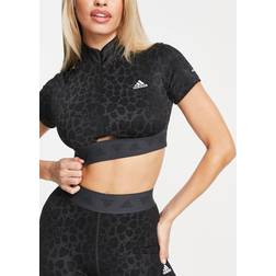 adidas Trænings cropped T-shirt med lynlås og leopardprint