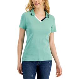 Tommy Hilfiger Women's Cotton Contrast-Trim Polo Top - Mint Cream