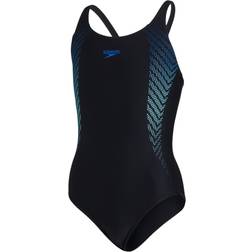 Speedo Girl's Tech Placement Digital Muscleback Swimsuit - Black/Blue Flame/Light Adriatic