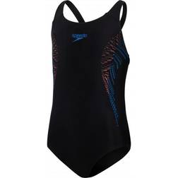 Speedo Girl's Plastisol Placement Muscleback Swimsuit - Black/Siren Red/Blue Flame