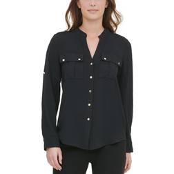 Calvin Klein Textured Roll Tab Button Down Shirt - Black