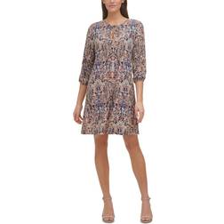 Tommy Hilfiger Printed Tie-Neck Shift Dress - Sky Captain/Sand