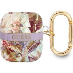 Guess AirPods 1/2 Skal Flower Print & Gold Hook Lila