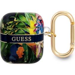 Guess AirPods 1/2 Skal Flower Print & Gold Hook Blå